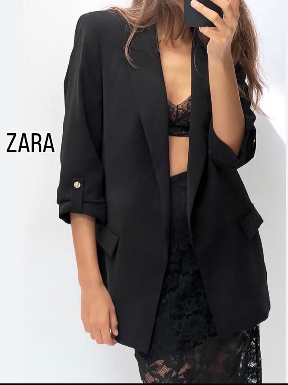 Zara Black Open-Front Roll-Sleeve Blazer w Button Tabs Jacket Size M